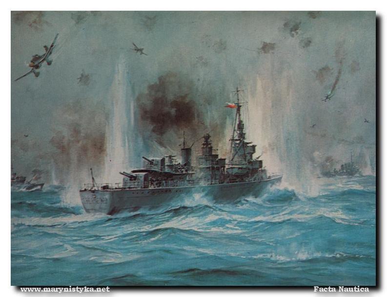 Stawiacz min ORP GRYF na rysunku Adama Werki z kalendarza 'MORZE 1985'.