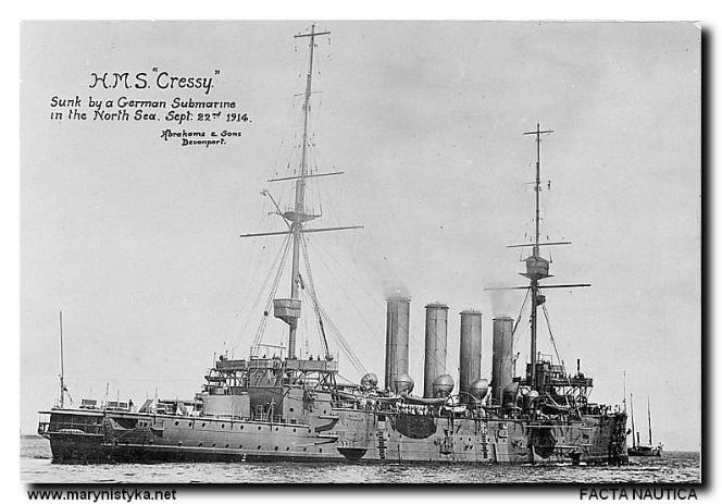 Kr¹¿ownik pancerny CRESSY zatopiony przez U-Boota U-9 22 wrzeœnia 1914 roku.