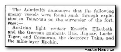 Tsingtau Cingtao - German wrecks. Kaiserin Elisabeth. The Admiralty  announces that the following enemy vessels were found sunk through explosion in Tsing-tau on the surrender of the fortress: