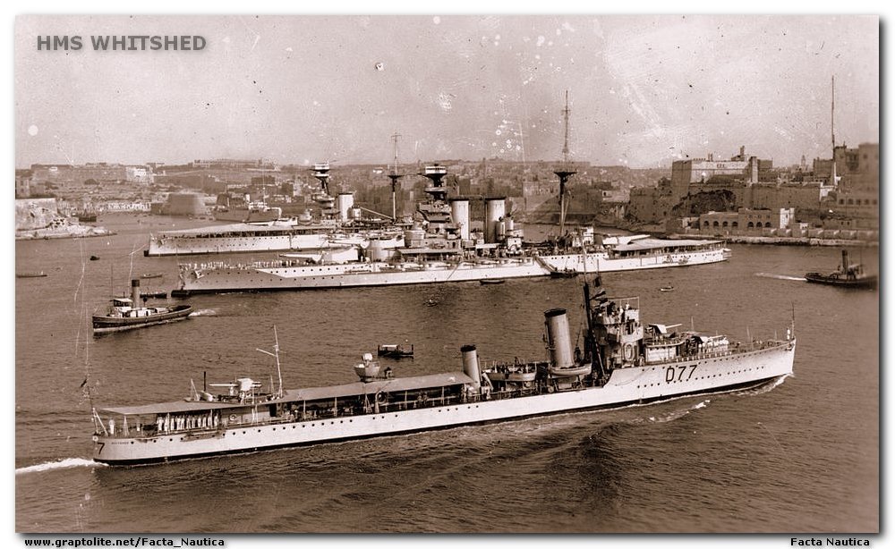 Malta, destroyer HMS WHITSHED, battleships